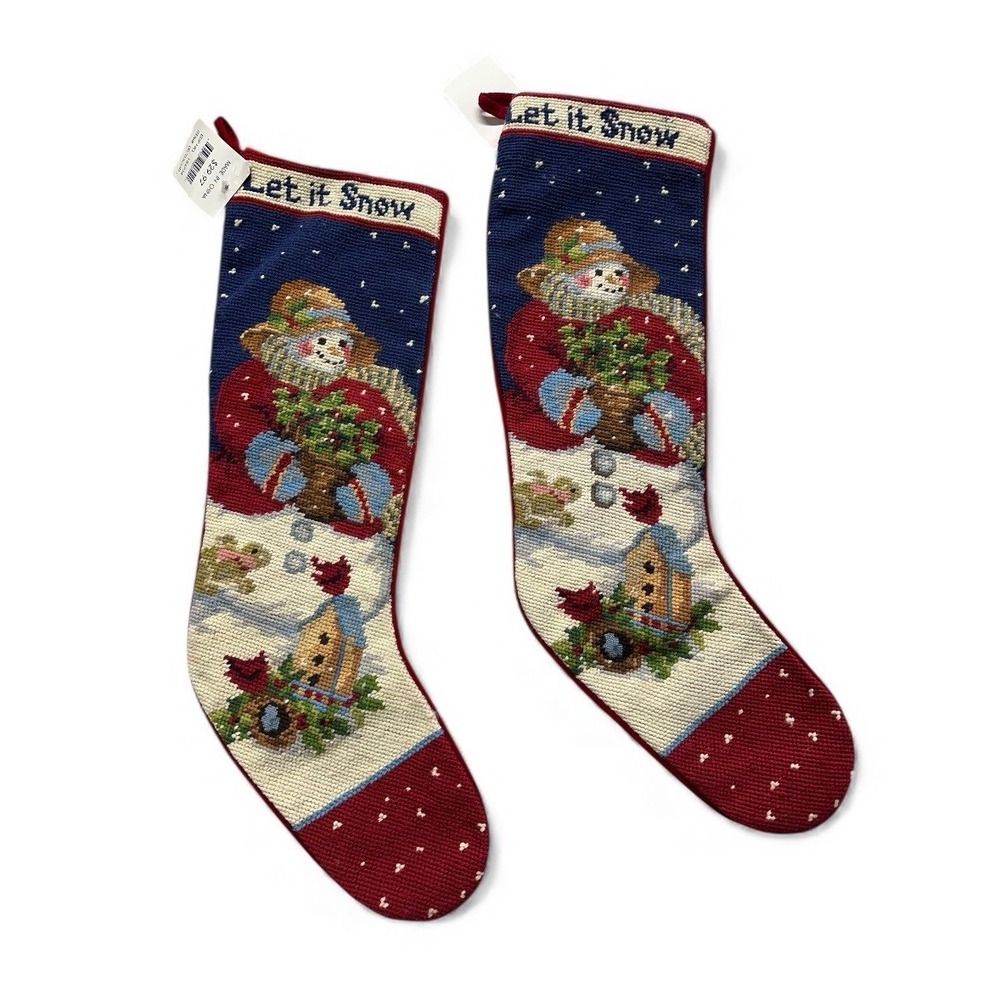 Let it Snow Needlepoint Christmas Stocking Snowwomen Set  21" x 6 1/2"‎ NWT
